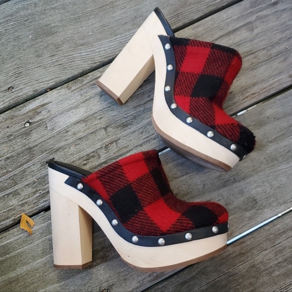 WOOLRICH Red & Black Wool Plaid Platform Clogs Size 7 - Picture 13 of 13